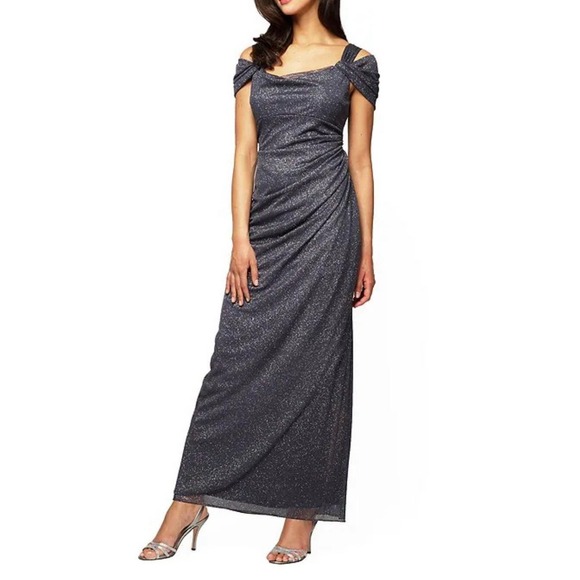 Alex Evenings Glitter Mesh Cowl Neck Cold Shoulder Maxi Dress Women 6 Grey - Picture 2 of 10